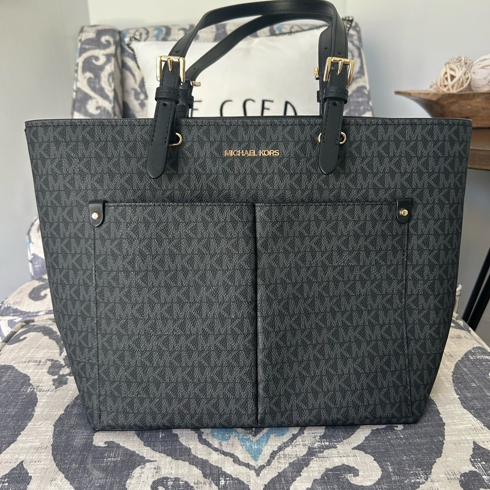 Michael Kors Black Signature Logo Tote with Gold Hardware
